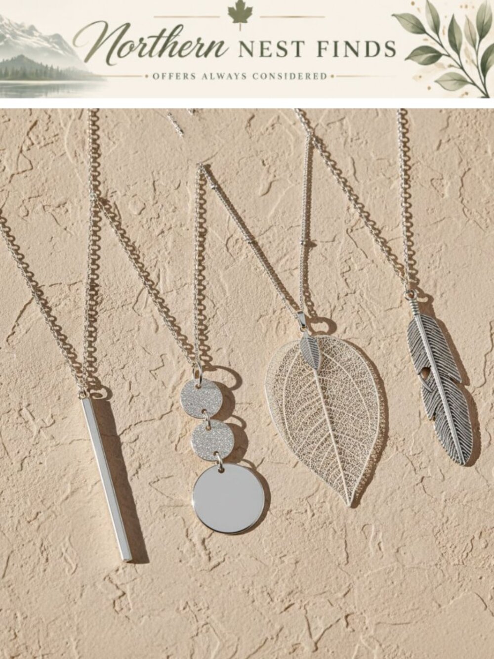4 PCS Long Necklaces for Women Silver Bar Feather Circle Leaf Lock Tassel Y